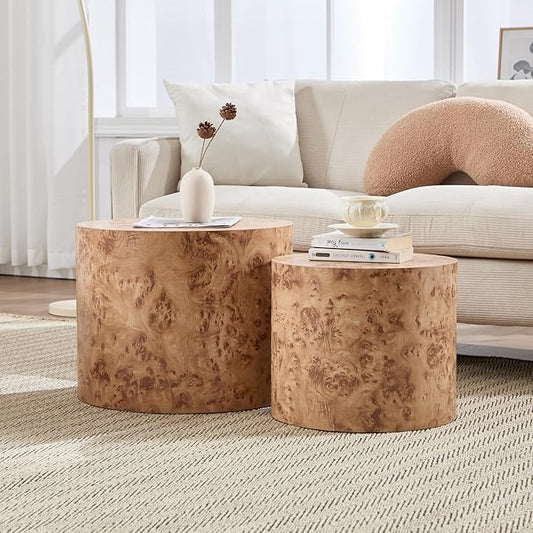 Round Coffee Tables Side Table Set of 2, Wood Nesting End Table for Living Room Balcony Office, Walnut Wooden Color, Natural Burl Color, No Assembling