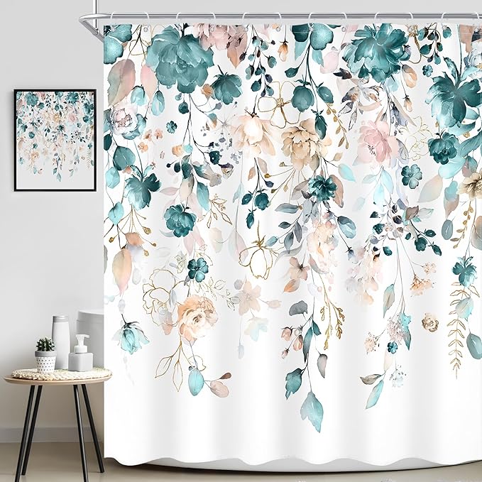 Floral Flower Shower Curtain 72Wx72L Inch Teal Green Eucalyptus Leaf Rustic Watercolor Pastel Bathroom Set Country Plant Botanical Pretty Bath Curtain Bathtub Accessories Home Decor