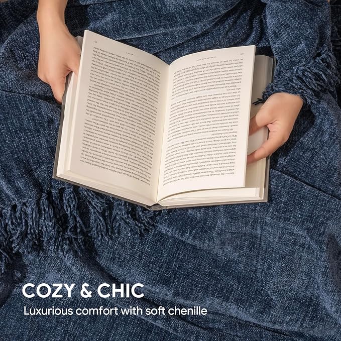 RECYCO Throw Blanket Soft Cozy Chenille Throw Blanket with Fringe Tassel for Couch Sofa Chair Bed Living Room Gift (Blue, 50'' x 60'')