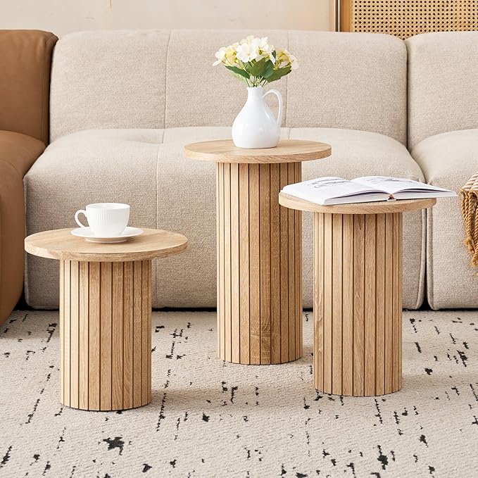 3-Piece Nesting Coffee Table Set, Modern Small Round Wood Side Tables, Fluted Drum Base, for Living Room Bedroom Apartment Small Space, Natual