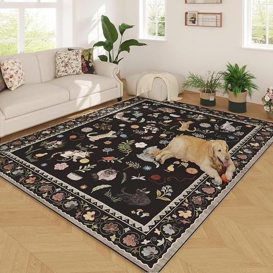 Rugcomf Area Rugs 9x12 Living Room Clearance Washable Boho Rug Non Slip Floral Animal Cat Vintage Low Pile Large Rug for Living Room Bedroom Farmhouse Dining Room Kids Playroom, Black