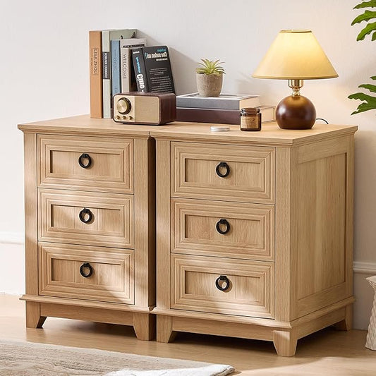 18" Farmhouse Night Stands Set of 2 with 3 Drawers, Wood Bedside End Table, Natural Nightstand, Bed Side Table Cabinet with Metal Handle for Bedroom Living Room, Closet