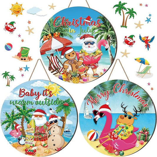 Blosssound 3 Pcs Door Decorations Front Hanging Door Sign Hanging Ornament Wooden Wall Sign Hanger for Celebrations Farmhouse Home Living Room Party Supplies(Tropical)
