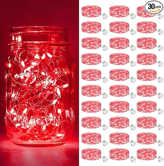 btfarm 30 Pack Fairy Lights Battery Operated [3 Modes], 7ft 20 Led Twinkle Lights String Lights Waterproof Bulk Small Mini Silver Wire for Christmas Mason Jars Wedding Table Centerpiece, Red