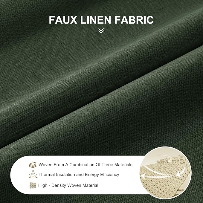 100% Blackout Curtains for Bedroom, Thermal Insulated Curtains 63 Inch Length Curtain 2 Panels, Luxury Soft Farmhouse Linen Textured Full Light Blocking Room Darkening Drapes, W52xL63, Olive