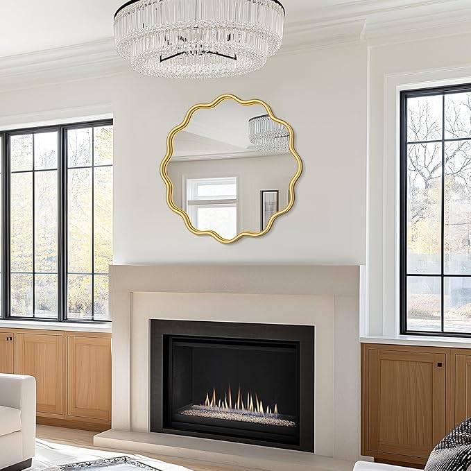 PROHOMEWARE Gold Round Mirror 24 Inch Wavy Bathroom Vanity Mirror Gold Frame Modern Wall Mirror Decorative Wall-Mounte Anti-Rust, Tempered Glass