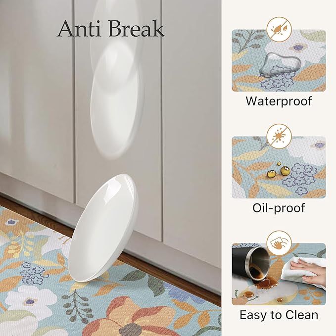 GENIMO Kitchen Mats for Floor 2PCS, Cushioned Kitchen Rugs Non Slip Washable, Farmhouse Anti Fatigue Mat Waterproof, Comfort Standing Mat Rug for Office, Home, Laundry, 17.3"x47"+17.3"x30", Aqua