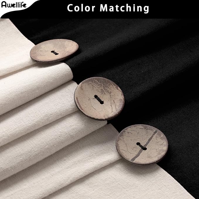 Awellife Farmhouse Cream Shower Curtain Button Linen Textured Woven Fabric,Country Style (Black & Cream, 72" W x 72" L)