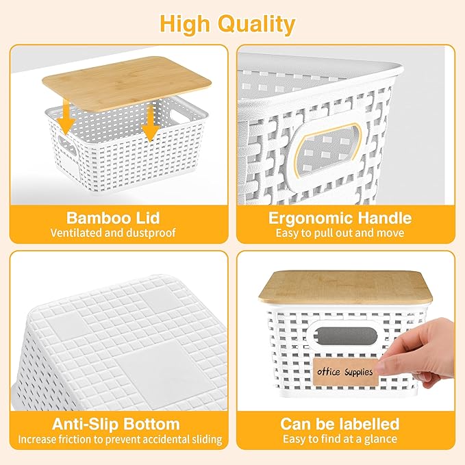 6 Pieces White Plastic Storage Baskets with Bamboo Lids with Labels Stackable Storage Containers for Organizing Shelves Drawers Desktop Closets Office