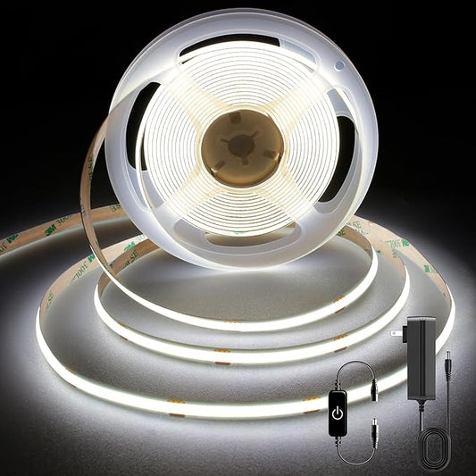 COB LED Strip 5m,16.4ft LED Strip Lights,Touch Dimmable LED Strips,CRI90+,6000K Daylight White LED Tape Lights,1600LEDs,24V cob led,Indoor for Bedroom,Kitchen,TV,Mirror,Cabinet