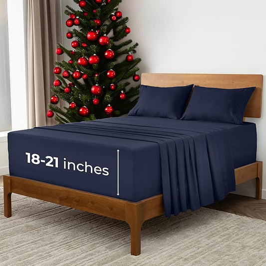 Mellanni Extra Deep Split King Sheets - 5 PC Iconic Collection Bedding - Hotel Luxury, Ultra Soft, Cooling Bed Sheets - Wrinkle, Fade, Stain Resistant (Split King, Navy Blue)