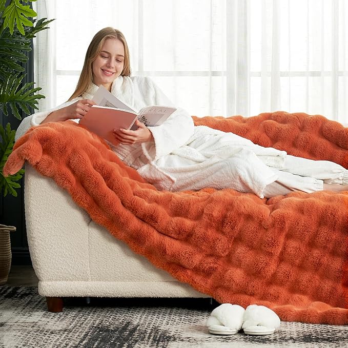 Cozy Bliss Faux Fur Throw Blanket for Couch, Fuzzy Soft Plush Thick Bubble Blanket for Sofa Bedroom Living Room, 50 * 60 Inches Halloween Burnt Orange