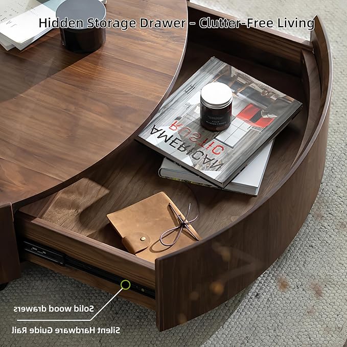 Luxury Solid Wood Coffee Table with Hidden Drawer, Fully Assembled Square Center Table for Living Room, Raised Edge Design, No Installation Needed, Premium Walnut Finish (39.37" Round Coffee Table)