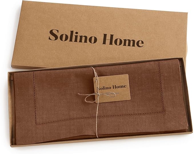 Solino Home Linen Brown Table Runner 36 Inches - Classic Hemstitch, 100% Pure Linen Coffee Table Runner 14 x 36 Inch Ideal for Dresser Tables, Fall, Autumn, Thanksgiving