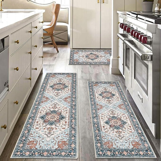 Yamaziot Boho Washable Kitchen Rugs Sets of 3, Non Slip Kitchen Mats for Floor with Rubber Backing, Waterproof & Stain Resistant Thick Carpet Runner Throw Rug for Kitchen, Laundry Room, Hallway