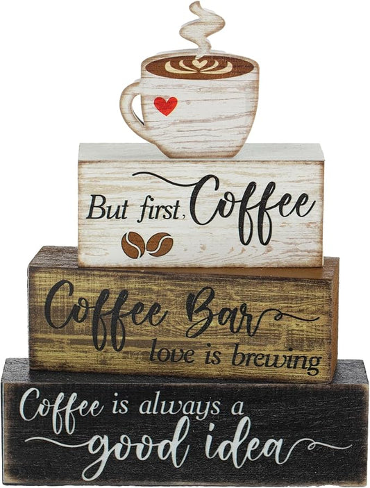 4 Pcs Wooden Coffee Bar Tabletop Decor Coffee Tiered Tray Decor Rustic Wood Bar Sign Gift Farmhouse Table Centerpiece Farmhouse Decorations for Home Kitchen