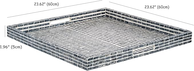 PEMAR Mother of Pearl 23.6" Square Extra Large Ottoman Tray with Insert Handles, Oversized Decorative Luxury Wooden Serving Tray for Food, Coffee Table, Breakfast in Bed (Dark Grey - White)