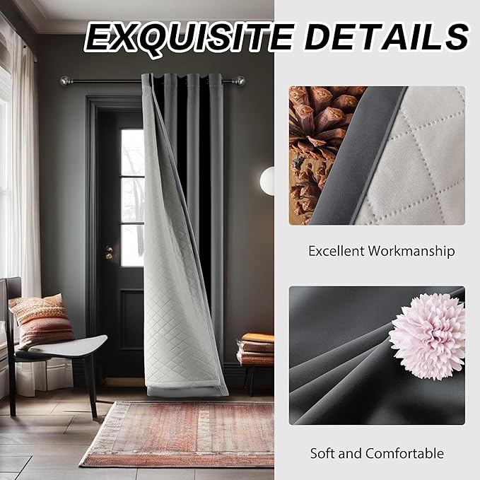 Soundproof 3 Layers 100% Blackout Grey Curtains 1 Panel 50x108 Thermal Insulated Soundproof Curtains for Bedroom Living Room