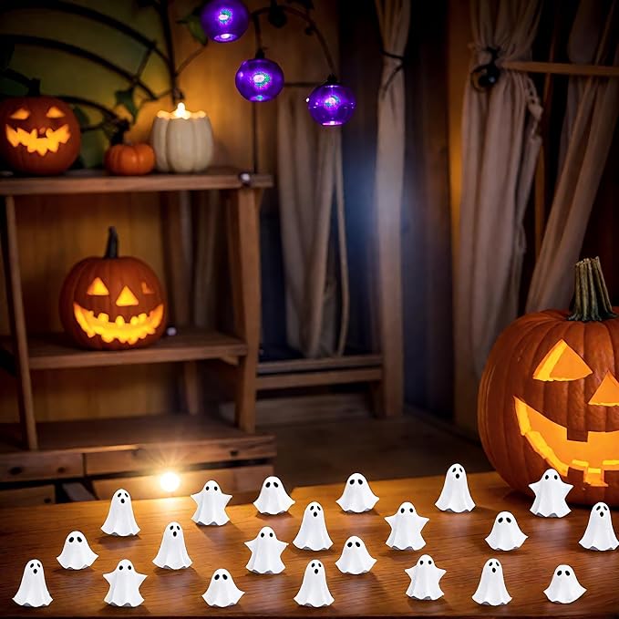 50Pcs Mini Resin Ghosts, Small Ghost Figurines, Tiny Halloween Miniatures for Spooky Tiered Tray Decor, Vase Filler, Home Tabletop Shelf Centerpieces, Party Favors Gift