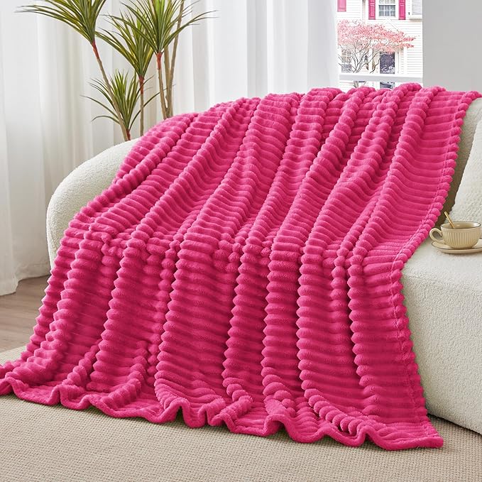 BEDELITE Twin Blanket for Couch & Bed, 300GSM Soft & Warm Fleece Blanket, Decorative and Giftable Striped Hot Pink Blankets for Women, Men, 60"x80"