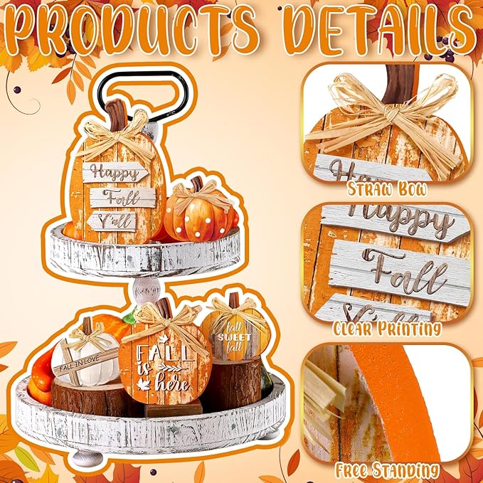 5 Pcs Classic Fall Pumpkin Decor for Home Thanksgiving Wooden Table Centerpiece Decorations Fall Wooden Pumpkin Signs for Autumn Farmhouse Home Living Room Kitchen Mantle Tabletop Supplies