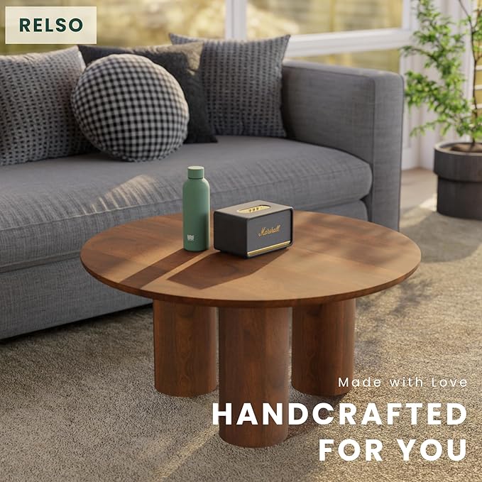 Relso Gaia Round Coffee Table, Natural Mango Wood Coffee Table with Wood Grain and Sturdy Finish | Perfect for Living Room and Farm House - Sturdy, Durable, Ideal for Patio Decor (Walnut, 18 inch)