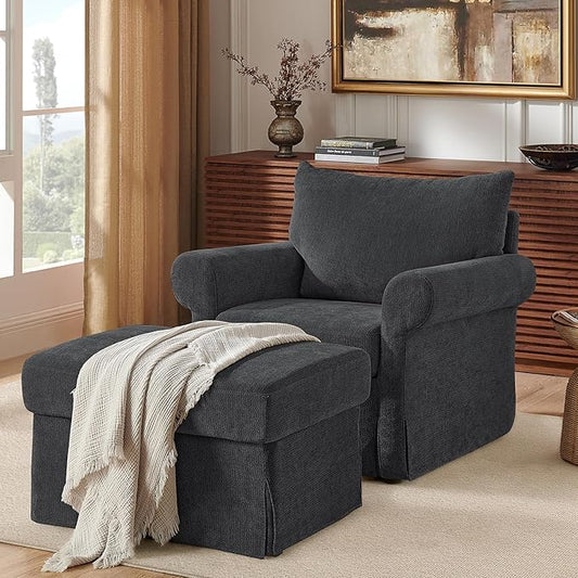 Modern Living Room Chairs with Ottoman, Comfy Chenille Reading Armchair with Rolled Arms and Cushion Backrest, 35.8" W Oversized Chaise Lounge Chair for Bedroom, Study, Apartment, Grey