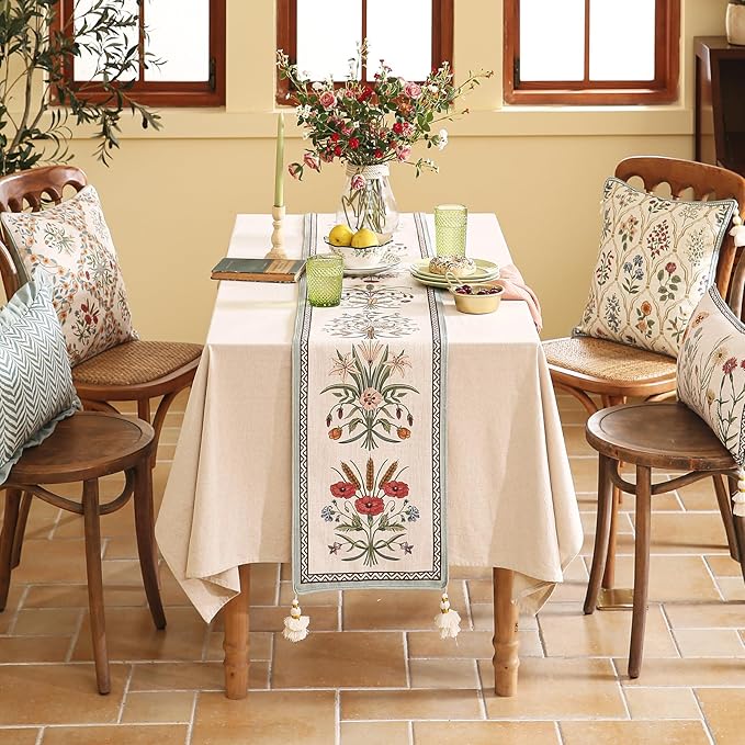 ISAENNE Designer French Country Linen Table Runner 87 Inches Long,Elegant Colorful Floral Pattern Table Runners for Dining Tables,Thanksgiving,Christmas,Kitchen Decor,12"*87"-Serenity F