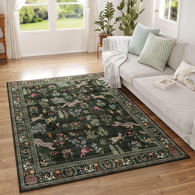 Rugcomf Bedroom Rug 3x5 Rug Washable Area Rug Non Slip Low Pile Boho Floral Animal Small Carpet for Bedroom, Bedside, Kitchen, Entryway, Kids Room, Office, College Dorm Essentials for Girls (Green)