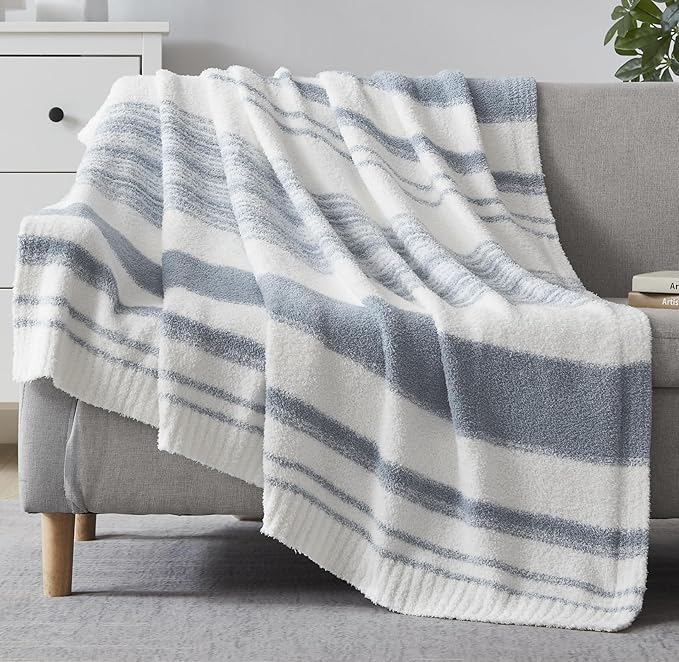 WRENGONGE Grey Blue Throw Blanket, 50x70 Soft Cozy Striped Throw Blankets for Couch, Sofa, Bed, Travel, Lightweight Fluffy Warm Plush Decorative Blankets for Women, Men,Kids Gift