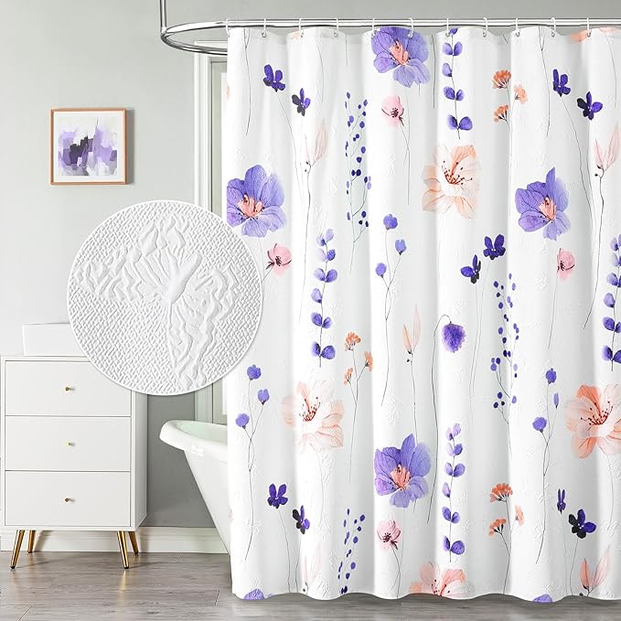 QIYI 3D Embossed Butterflies Blue Purple Flower Shower Curtain, Minimalist White Cloth Textured Waterproof Fabric Set with Hooks, 72x72