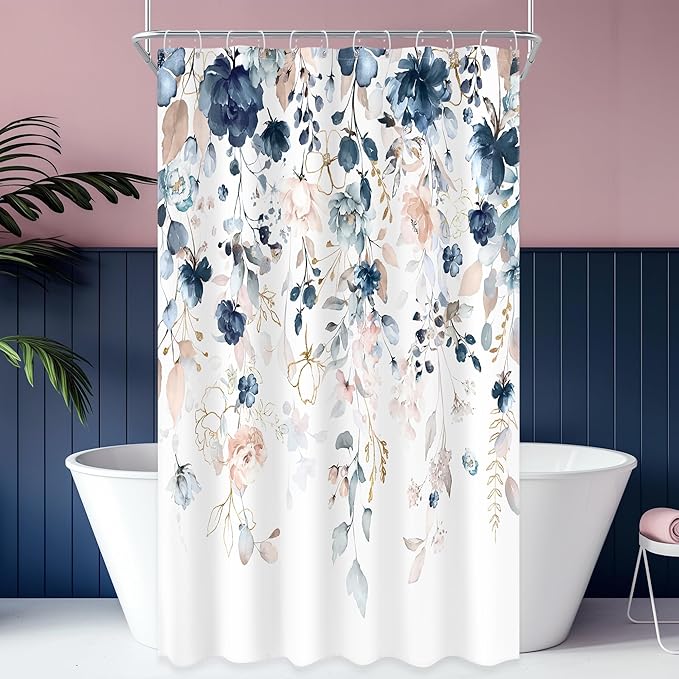 Pink and Blue Floral Shower Curtain 52Wx76H Inch Rustic Flower Eucalyptus Leaf Shabby Chic Plant Botanical Spring Girly Bathroom Set Country Bath Curtain Bathtub Accessories Home Decor