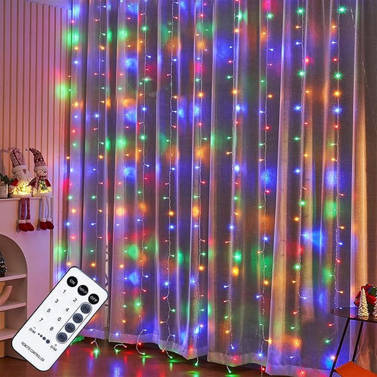 WATERGLIDE 300 LED Curtain Lights, Remote Control Christmas Decorative Hanging String Lights, 8 Lighting Mode, Plug in for Indoor Outdoor Holiday Party Garden Backdrop Wedding Home Decor, Multicolor