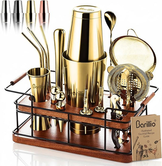 Barillio Gold Bartender Kit – 23-Piece Stainless-Steel Cocktail Shaker Set with Premium African Mahogany Stand | Martini Barware Mixing Tools for Home Bartending | Gift Set
