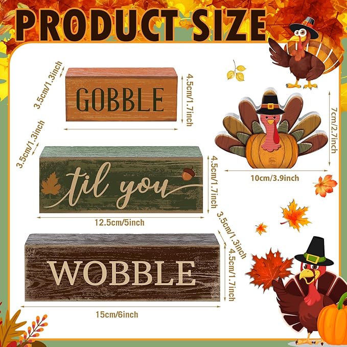 4 Pcs Fall Decorations for Home Thanksgiving Tiered Tray Decor Fall Table Decor Thanksgiving Centerpiece Rustic Wooden Turkey Block Sign for Autumn Harvest Party Table Kitchen Shelf