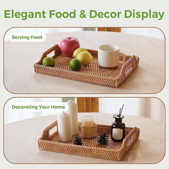 Wicker Tray Rectangle with Handles, Handmade Rattan Natural Woven Tray, Rattan Serving Wicker Trays for Decor Storage, Coffee Table Basket Trays for Breakfast Bread Fruit Snack