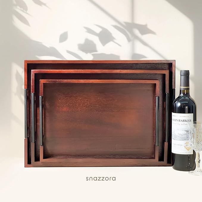 Acacia Wood Serving Tray - Set of 3 with Black Steel Handles 18", 16" & 14" with 6 Coasters - for Coffee Table, Ottoman in Living Room, Breakfast in Bed, Jewelry, Decorative (Vintage Finish)