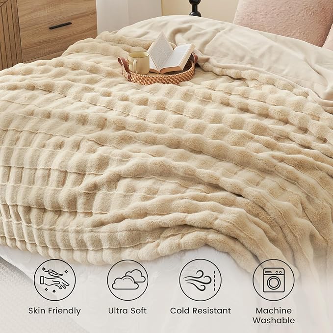 Cozy Bliss Fluffy Faux Fur Throw Blanket for Couch,Warm Cozy Soft Beige Throw Blankets for Sofa Bed Living Room,60x80 Inches