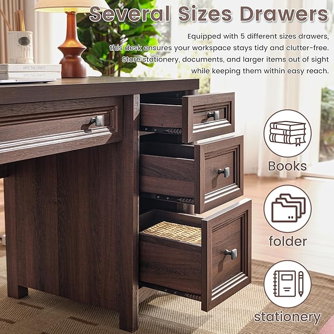 Farmhouse Computer Desk with 5 Drawers and Cabinet, 58” Executive Desk, Wood Home Office Desk with Ajustable Shelf, Rustic Writing Table with Knobs, Workspace for Study Room, Walnut