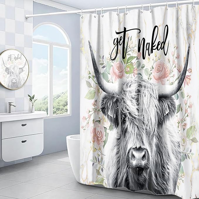 Domoku Highland Cow Shower Curtain Get Naked Shower Curtain Funny Cute Farmhouse Bull Floral Bathroom Curtain Polyester Fabric Waterproof with 12Hooks,72x72 inc