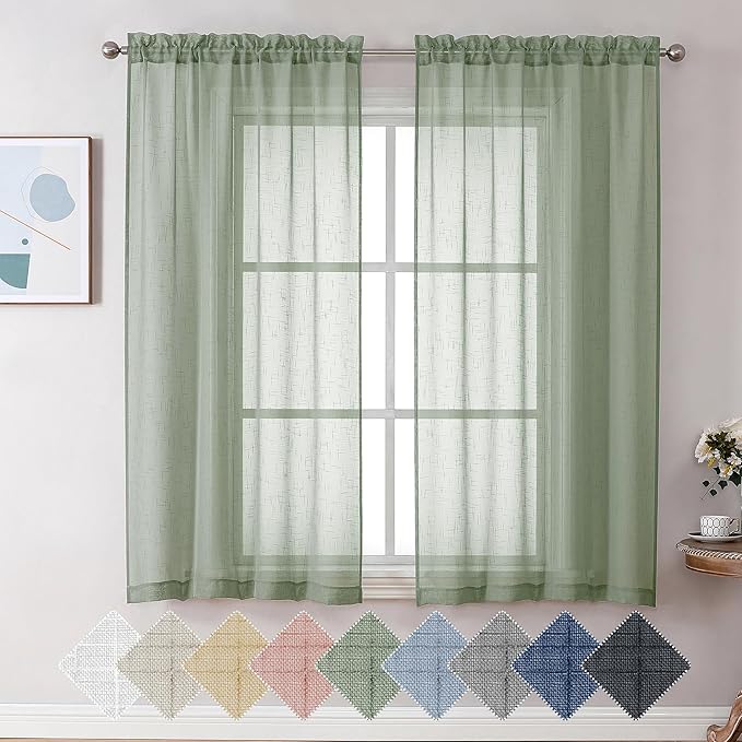 Aiyufeng Kirei Sage Green Linen Sheer Curtains 63 inch Length - Premium Flax Linen Material Soft Semi Sheer Half Privacy Protected for Livingroom, Bedroom, Farmhouse, W 40 x L 63 inch, 2 Panels