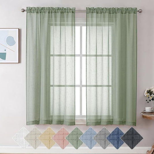 Aiyufeng Kirei Sage Green Linen Sheer Curtains 63 inch Length - Premium Flax Linen Material Soft Semi Sheer Half Privacy Protected for Livingroom, Bedroom, Farmhouse, W 40 x L 63 inch, 2 Panels