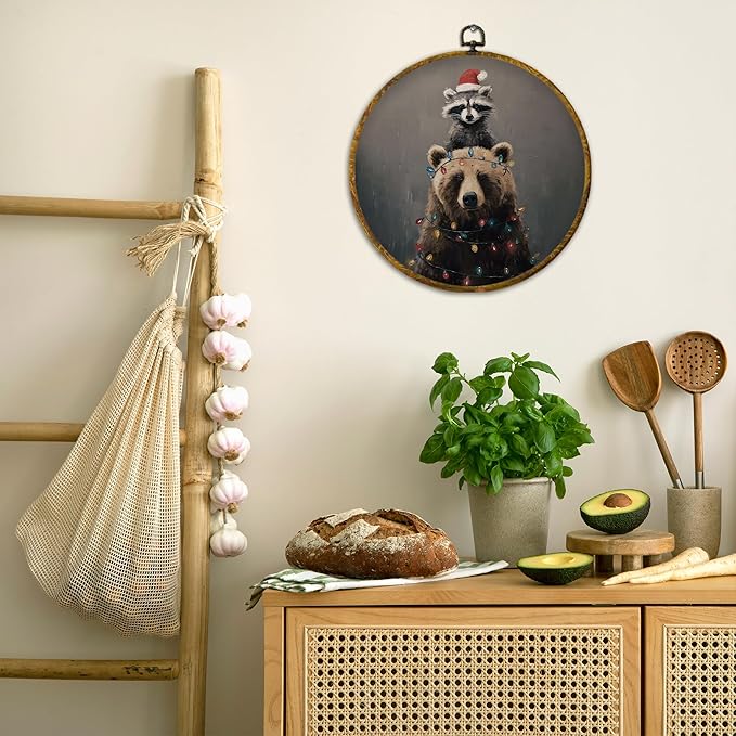 QZQE Christmas Raccoon Bear Round Wall Art Decor Framed, Christmas Holiday Circle Canvas Prints, Rustic Winter Xmas Animals Circular Wall Hanging Decor for Home Bedroom Nursery Room, 10x10 Inch