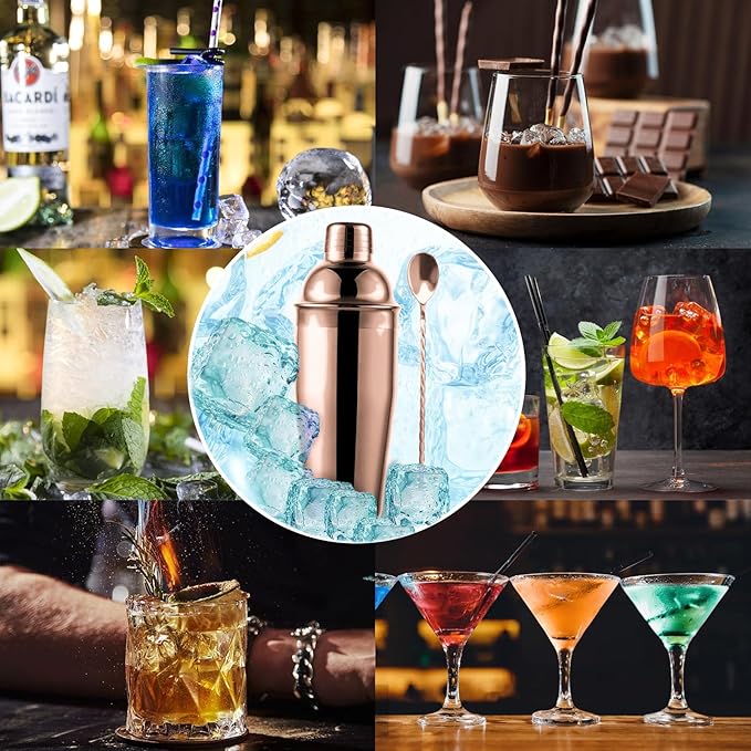 24oz Cocktail Shaker Bar Set, Martini Shaker with Built-In Strainer, Measuring Jigger, Mixing Spoon, Professional Stainless Steel Large Bartender Drink Shaker Margarita alcohol Mixer-Rose Gold