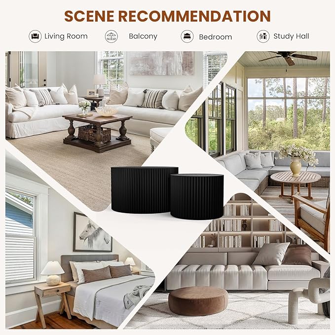 Round Wood Coffee Table Set of 2 Modern Circle Nesting Coffee Table Handcrafted Drum Nesting Table Nesting Coffee Tables for Living Room for Small Space (Black (D27.56+D19.69 inch))