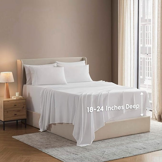 Nestl Extra Deep Cal King Sheet Set - 6 Piece Breathable & Cooling Sheets - Hotel Luxury Bedding Set w/18-24 Inch Deep Pockets - Easy & Secure Fit - Super Soft, Wrinkle Free & Comfy - White