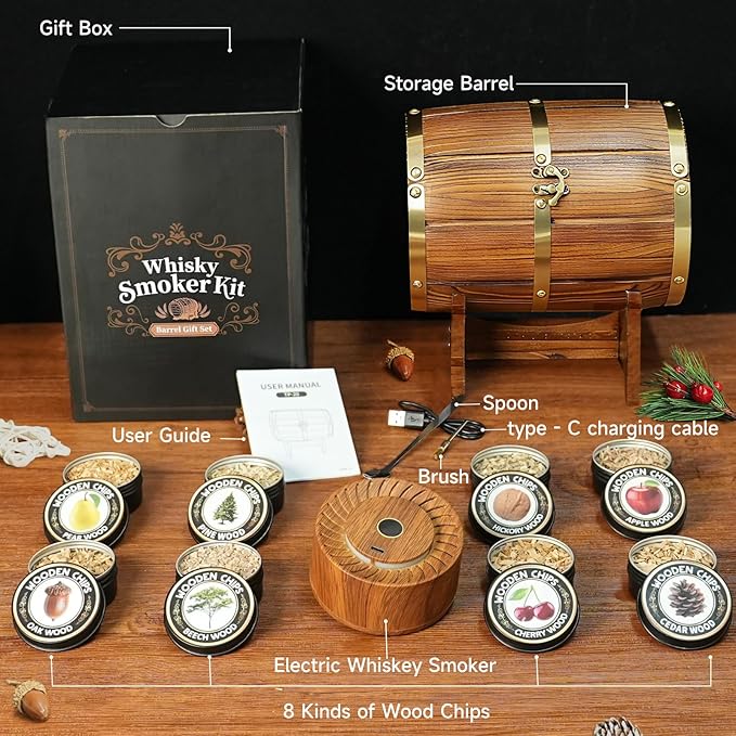 Whiskey Smoker Kit with Wooden Barrel Case, Electric Cocktail Smoker and 8 Flavors Wood Chips, Luxurious Old Fashioned Smoker Kit Bourbon Gifts for Men