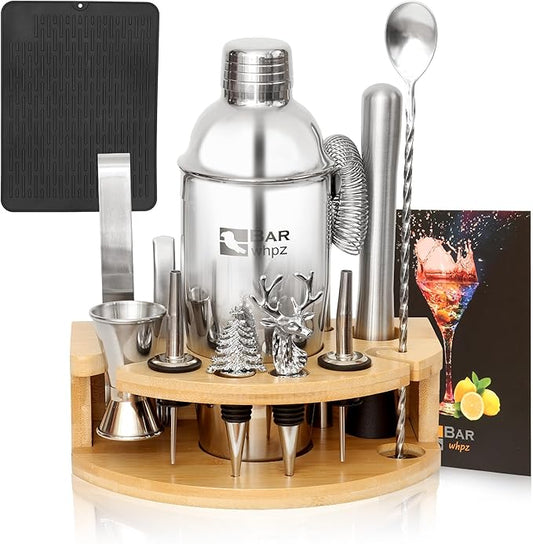 Cocktail Shaker Set Bartender Kit,Mixology Bartender Kit 13-Piece with Bamboo Stand,Professional Cocktails Kit with All Essential Accessory Tools for Drink Mixing Gift(with Silicone Pad)