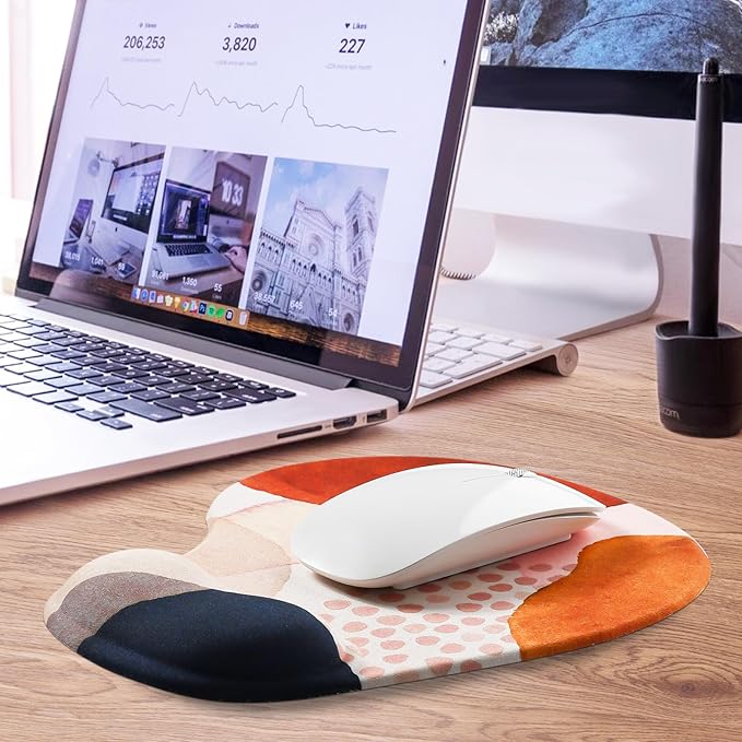 JIKIOU Mouse Pad, 2 Pack Ergonomic Mouse Pads with Comfortable Gel Wrist Rest Support and Smooth Cloth, Non-Slip PU Base for Easy Typing Pain Relief Durable and Easy to Clean Small Boho