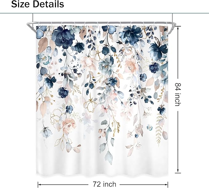 Blue Pink Floral Shower Curtain Extra Long 72Wx84L Inch Rustic Floral Boho Wildflower Watercolor Gold Eucalyptus Leaf Bathroom Set Plant Botanical Bath Curtain Bathtub Accessories Home Decor
